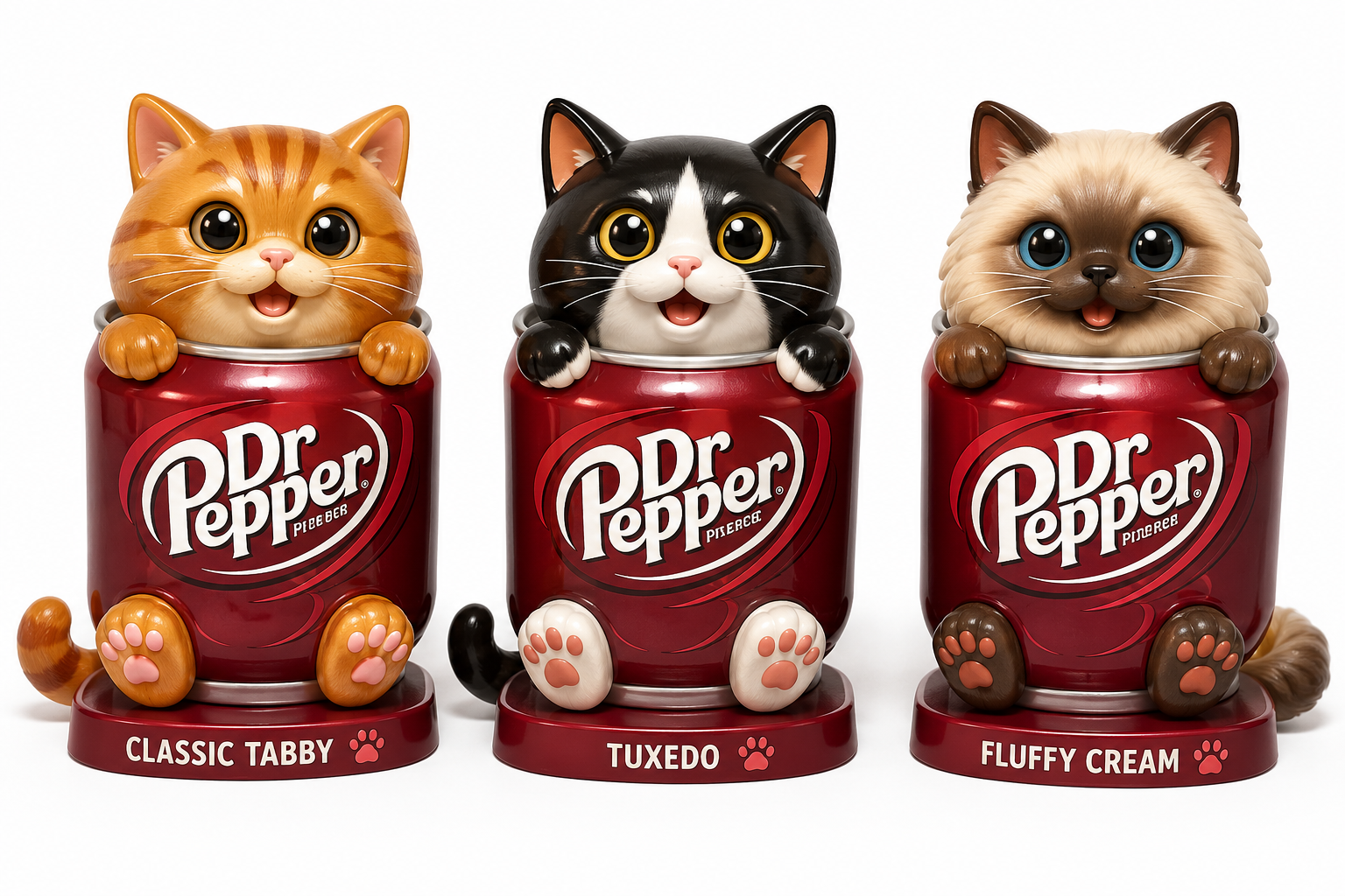 Dr Pepper Cat variants: Classic Tabby, Tuxedo, Fluffy Cream